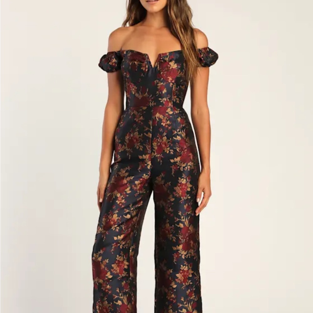 Lulu's Off-Shoulder Floral Jumpsuit - Black and Red